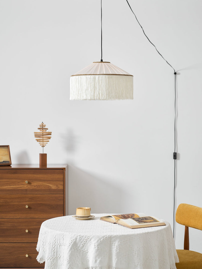 Beige Pleated Fabric Fringe Plug-In Pendant