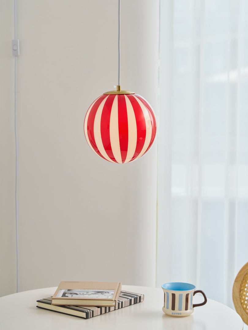 Red Striped Glass Globe Hardwired Pendant