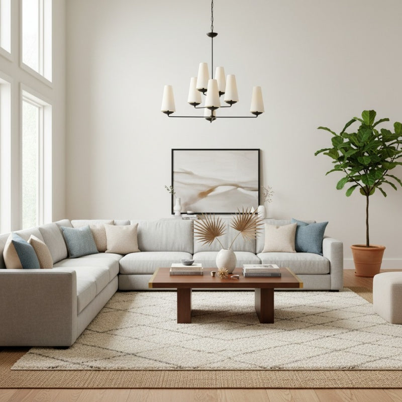 Lustre vertical à plusieurs têtes en étages Rowan - Métal moderne et tissu pour salons et halls d'entrée