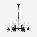 Charger l'image dans la visionneuse de galerie, Six-light black iron chandelier with clear hurricane glass shades