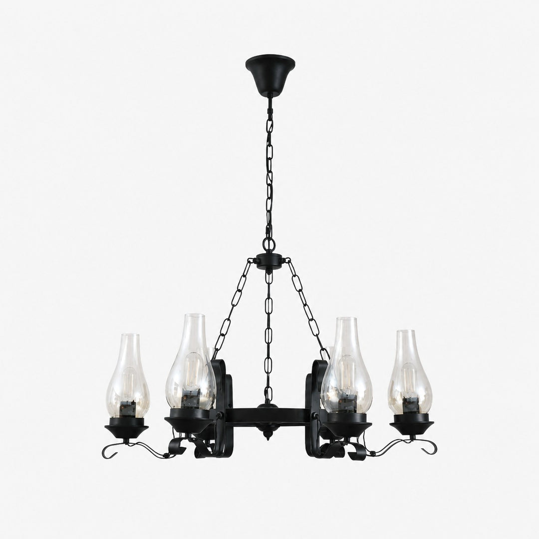 Six-light black iron chandelier with clear hurricane glass shades