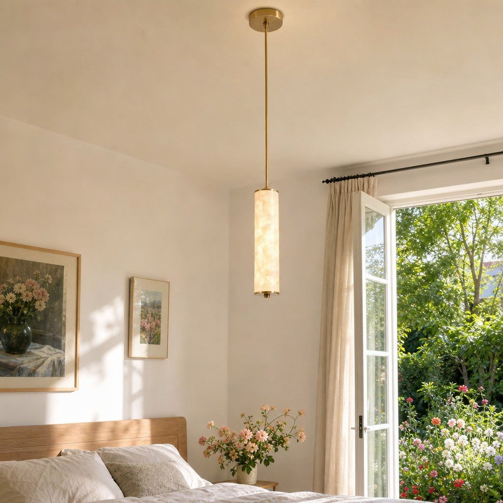 Nacrelith Capiz Shell Cylinder Brass Pendant Light - Nordic Bedroom Lighting