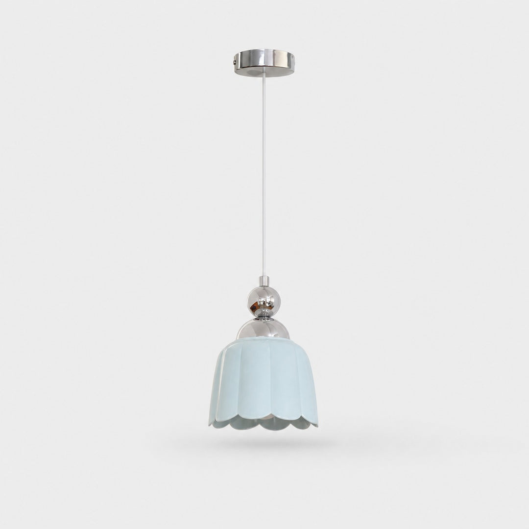 Sea salt blue scalloped ceramic pendant lamp with polished metal canopy