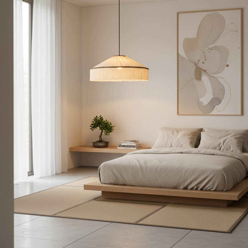 Beige Pleated Fabric Fringe Plug-In Pendant