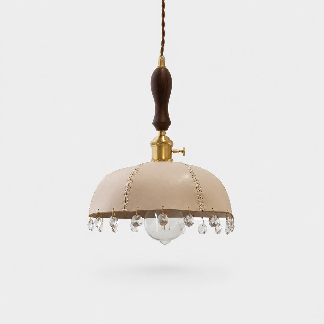 Natural leather dome pendant lamp with clear crystal drops