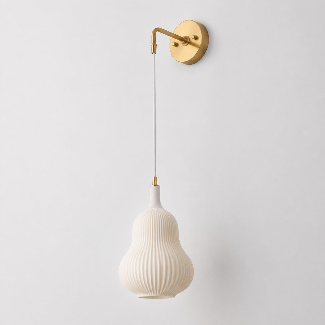Milk white gourd glass wall light with brass arm