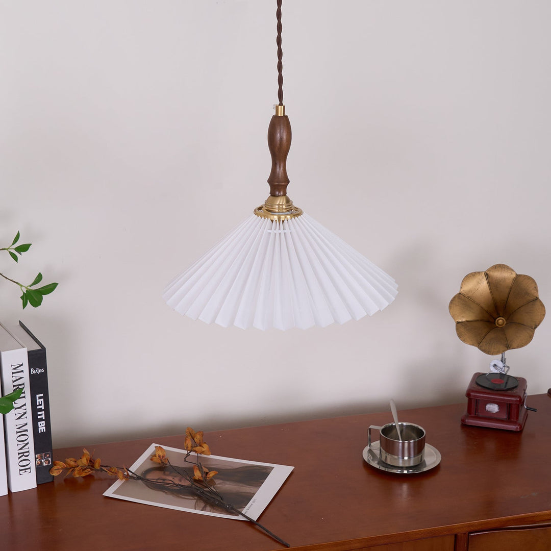 White Fabric Walnut Brass Plug-In Pendant