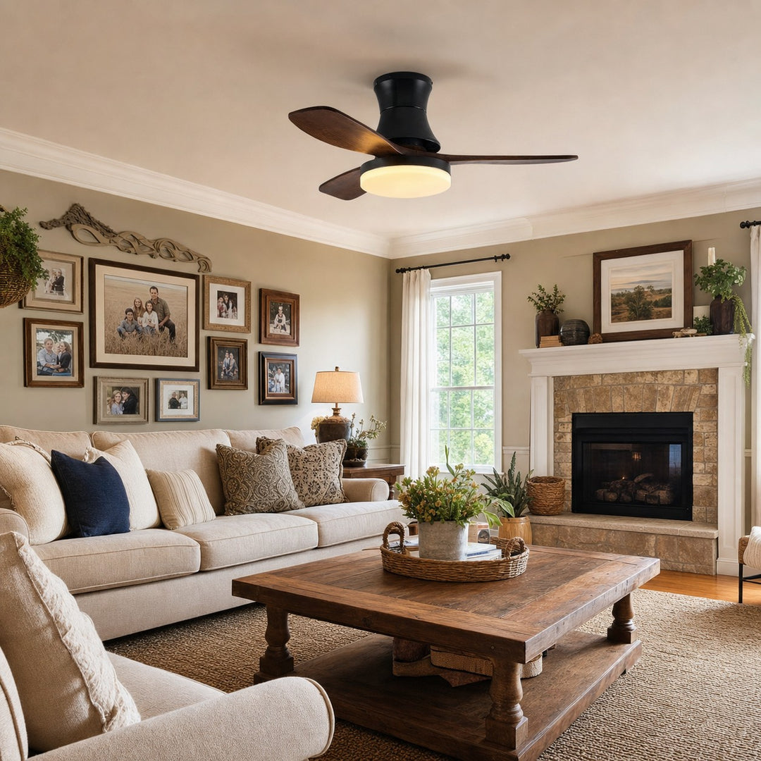 Black walnut ceiling fan light in a classic living room