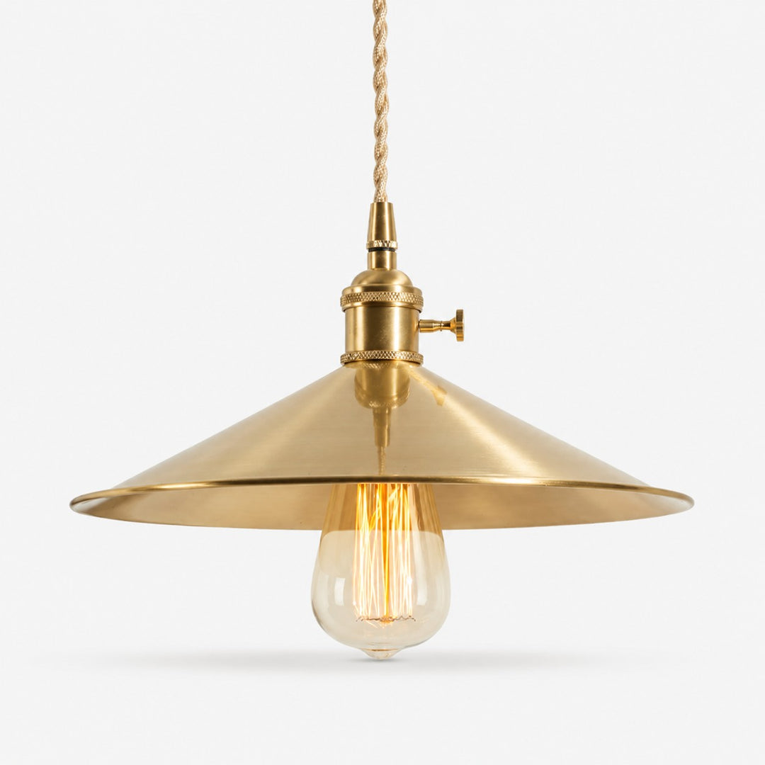 Wide disc copper pendant light on a white background