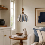 Charger l'image dans la visionneuse de galerie, Blue and ivory striped fabric pendant lamp installed in a warm bedroom corner