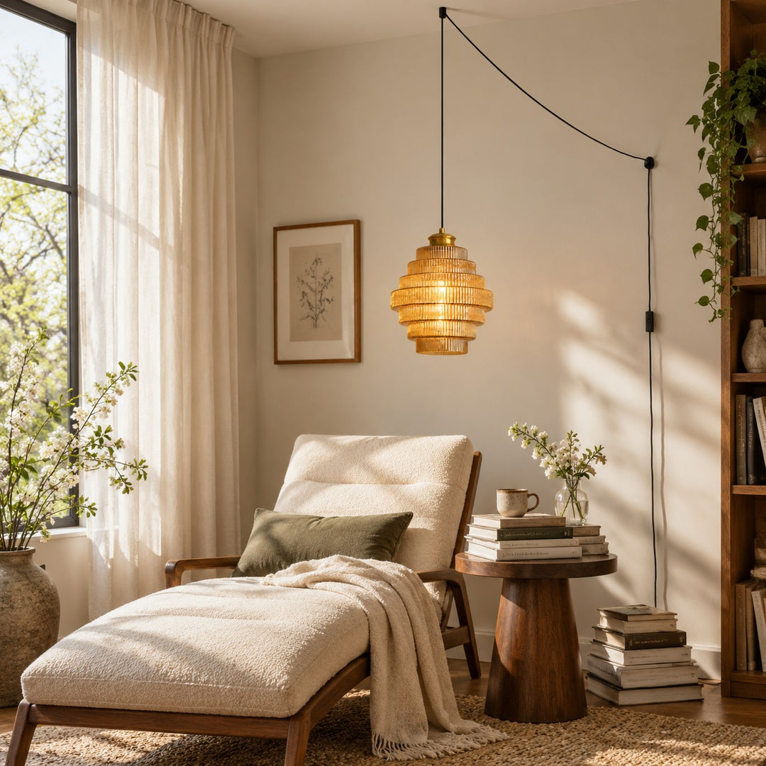 Ridged Glass Plug-In Pendant Light