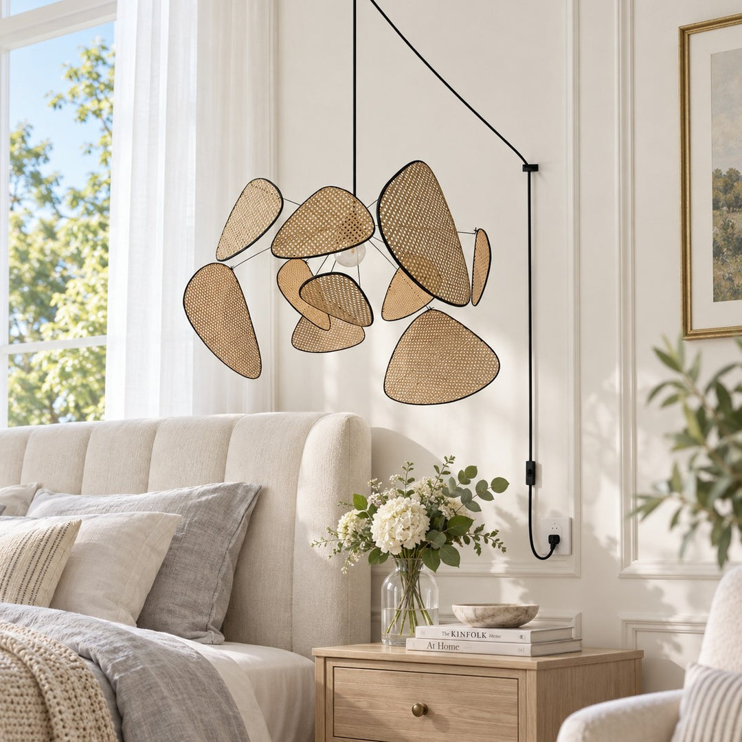 Layered Rattan Chandelier With Plug-In Cord