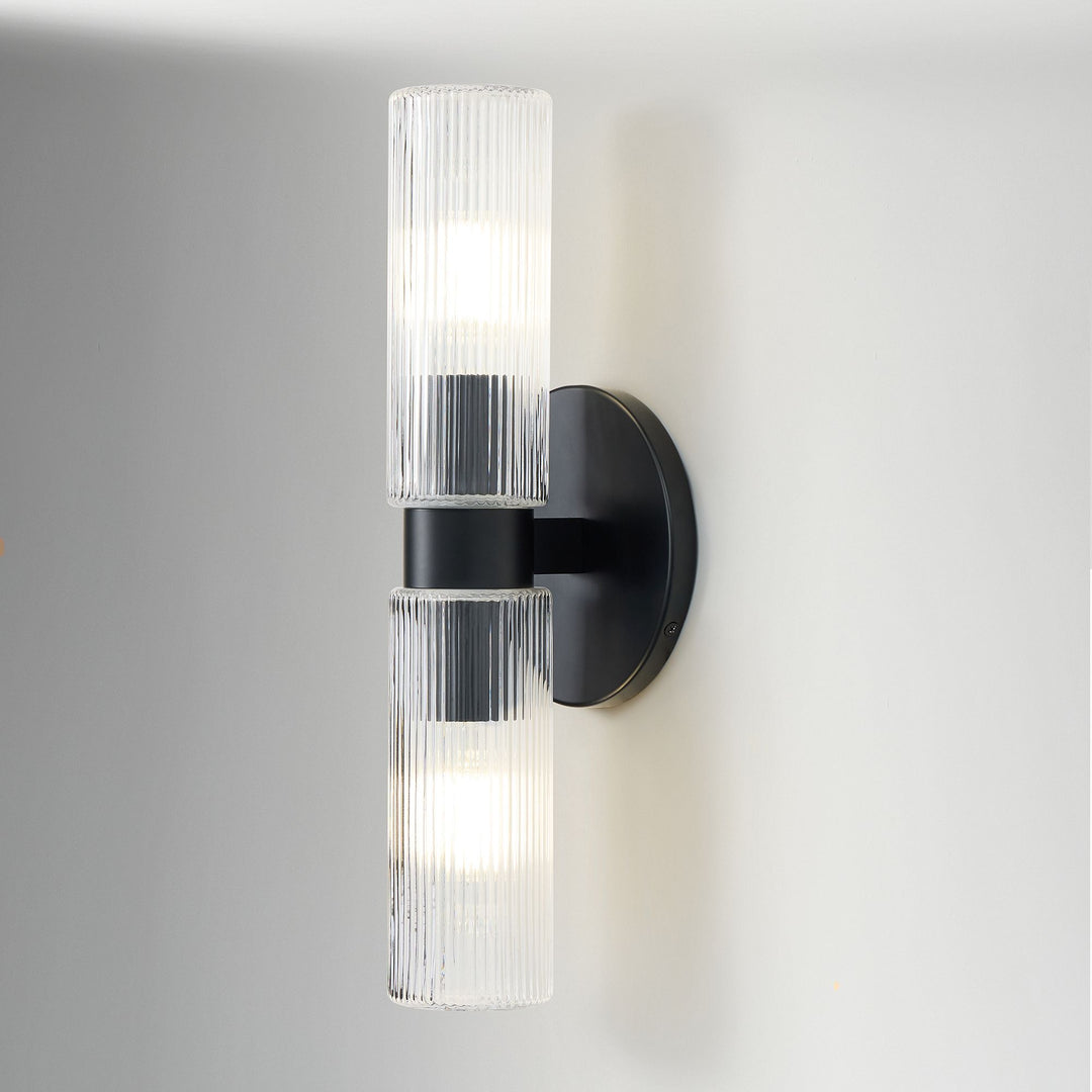 Applique murale Rivora en tube de verre strié – Luminaire double tube en laiton cannelé