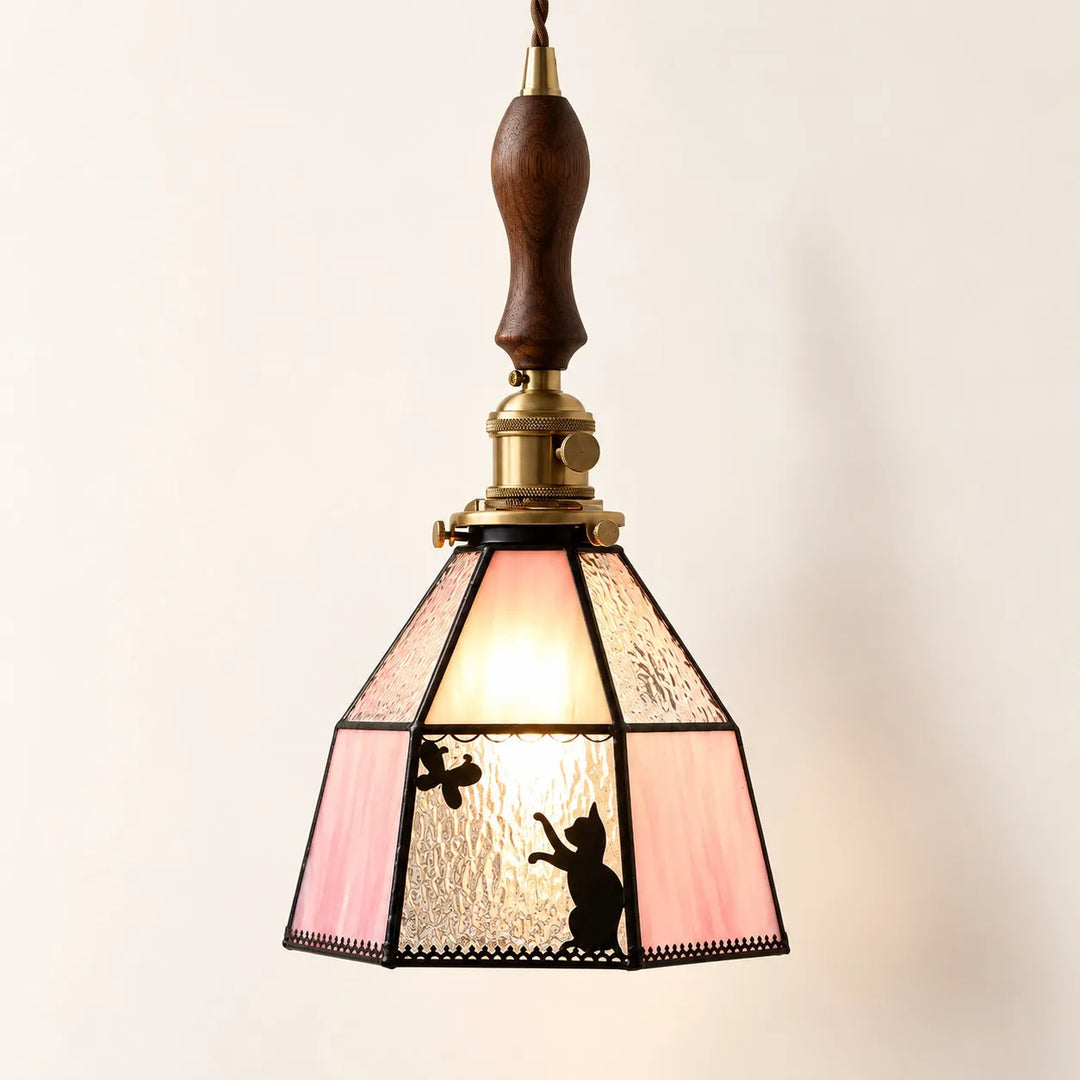 Cat and Butterfly Stained Glass Pendant Light