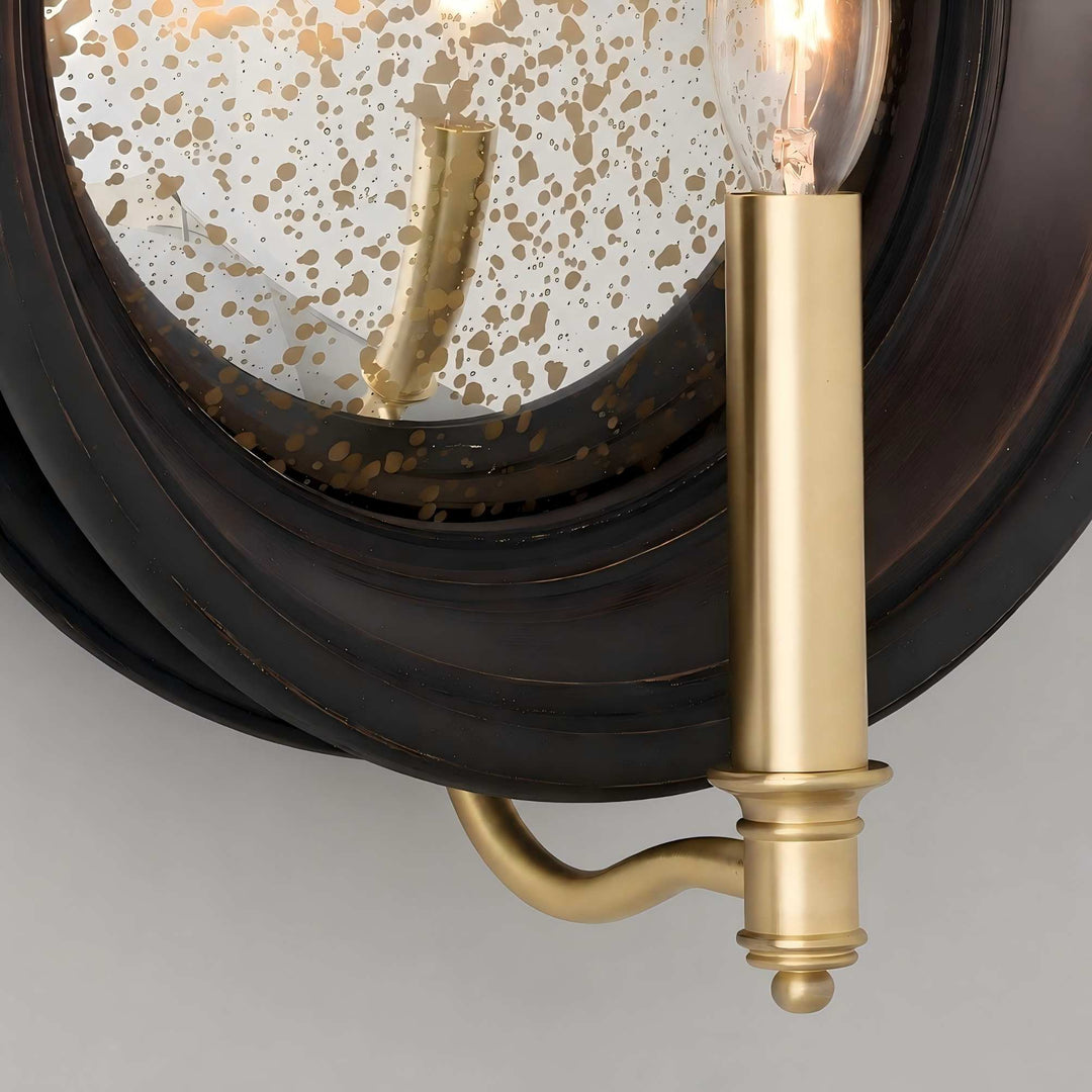 Vintage black round mirror wall sconce with brass candle arm