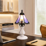 Load image into Gallery viewer, Gradient purple stained glass table lamp on a desk beside books and a laptop