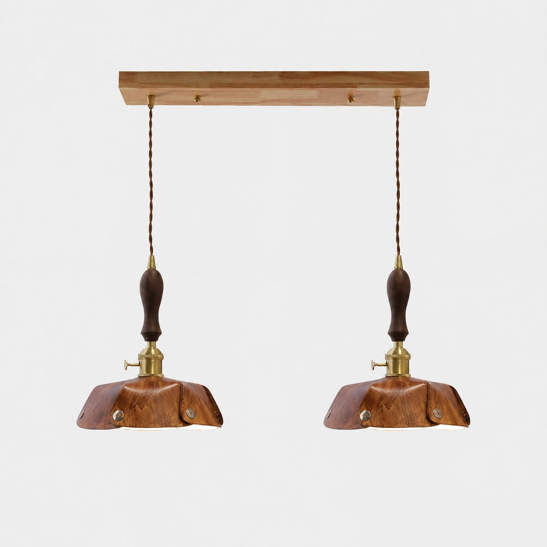 2-Light Linear Pendant Vintage Brown Leather Bar 50 cm / 19.7 in; Shade Dia. 30 cm / 11.8 in