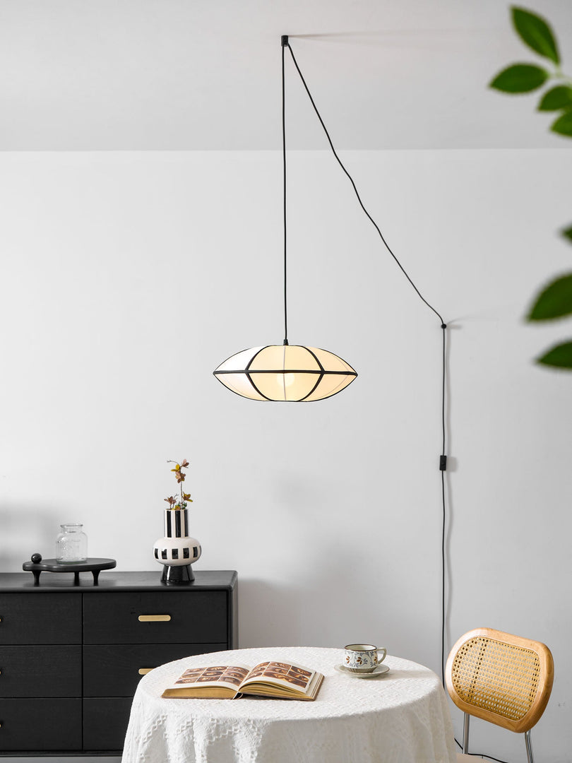 Black Metal White Fabric Plug-In Swag Pendant