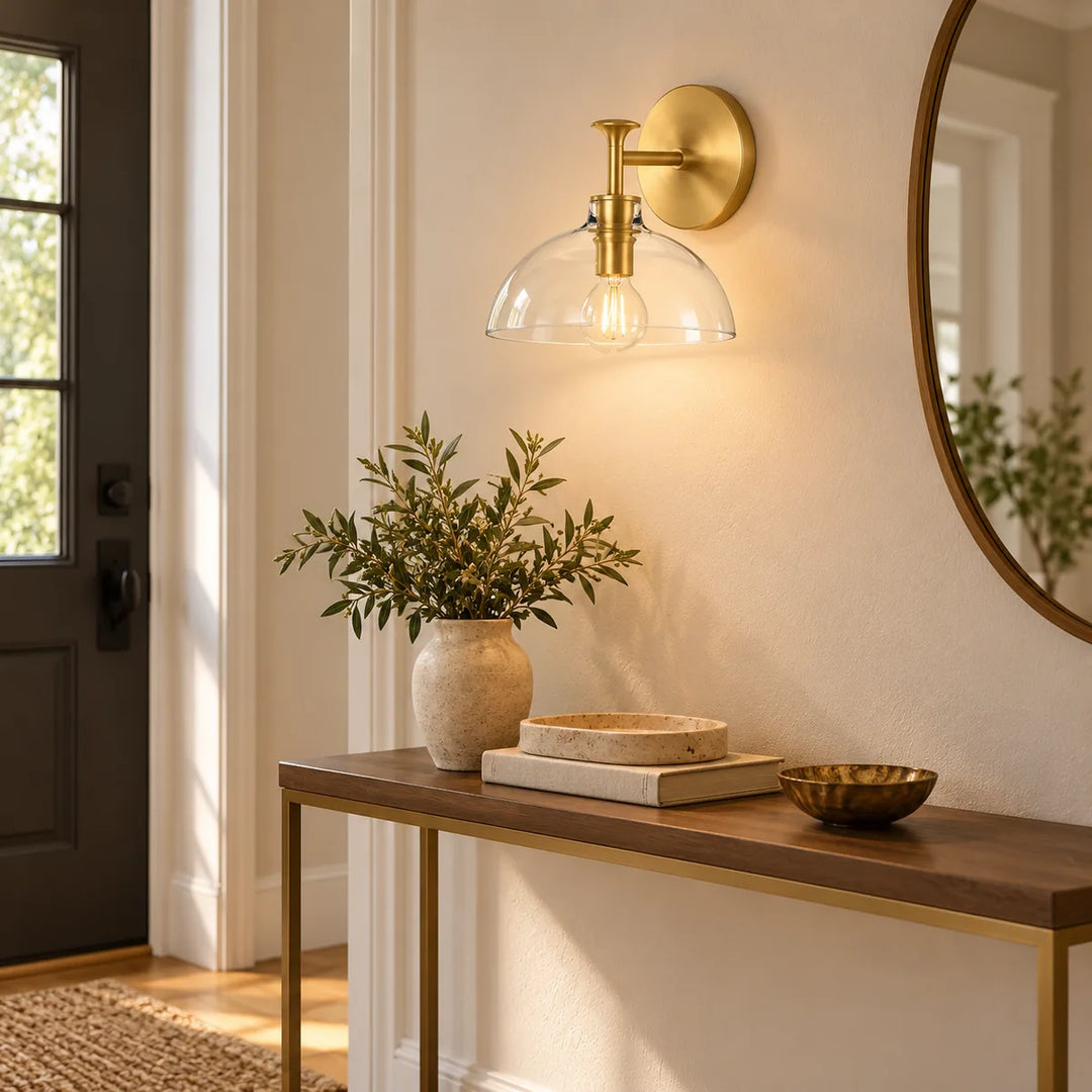 Narrow-Mirror Sconce with a Clear Dome