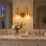 Cargar imagen en el visor de la Galería, Marble vanity with brass metal shades, lights on