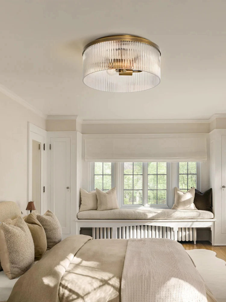 Bravira Elegant Ribbed Glass Flush-Mount Ceiling Light – Modern Low-Profile Fixture for Bedroom