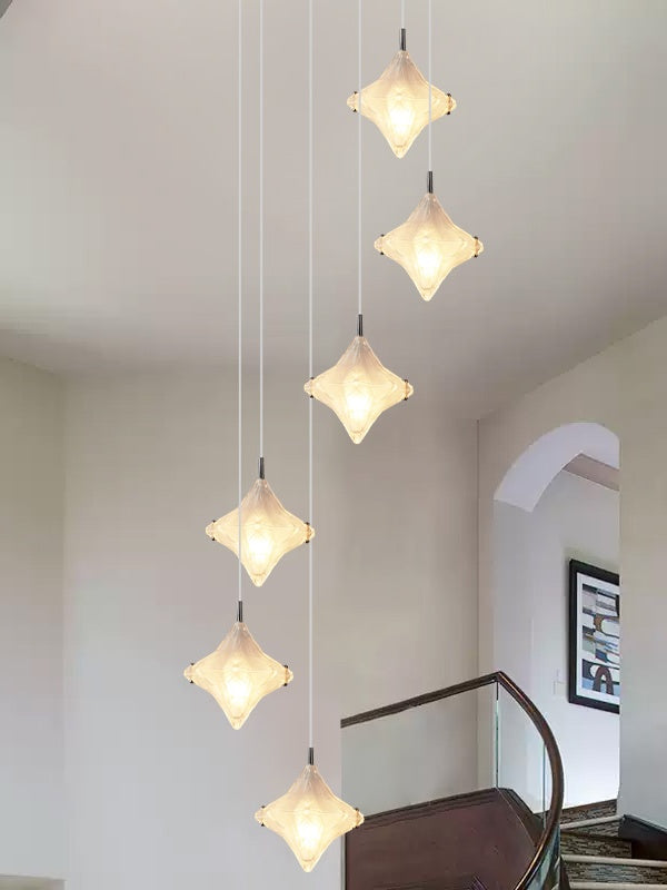 Art Deco Stern Treppenpendelleuchte – Mattglas Hängeleuchte – Astris Altair