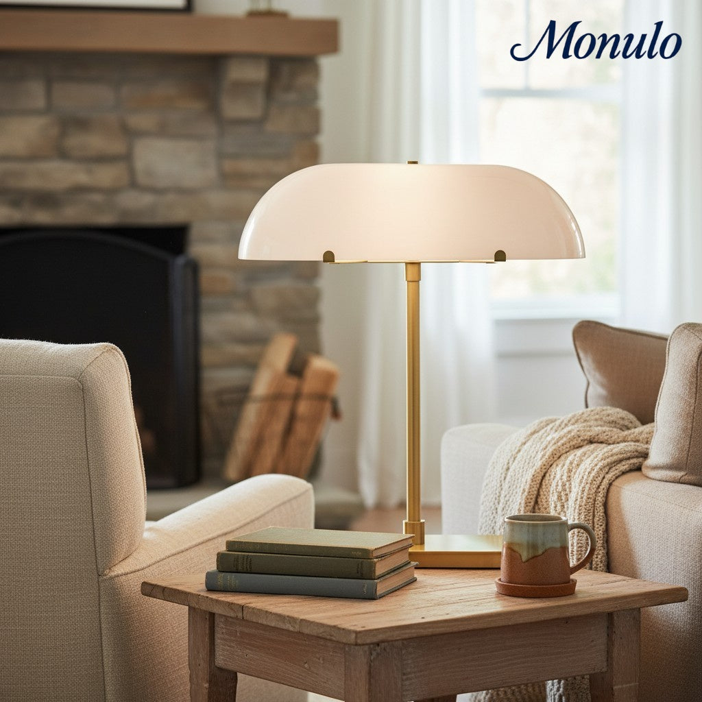 Ferosa Boat Shaped Lampshade Table Lamp – Vintage Brass Finish for Modern Living Room