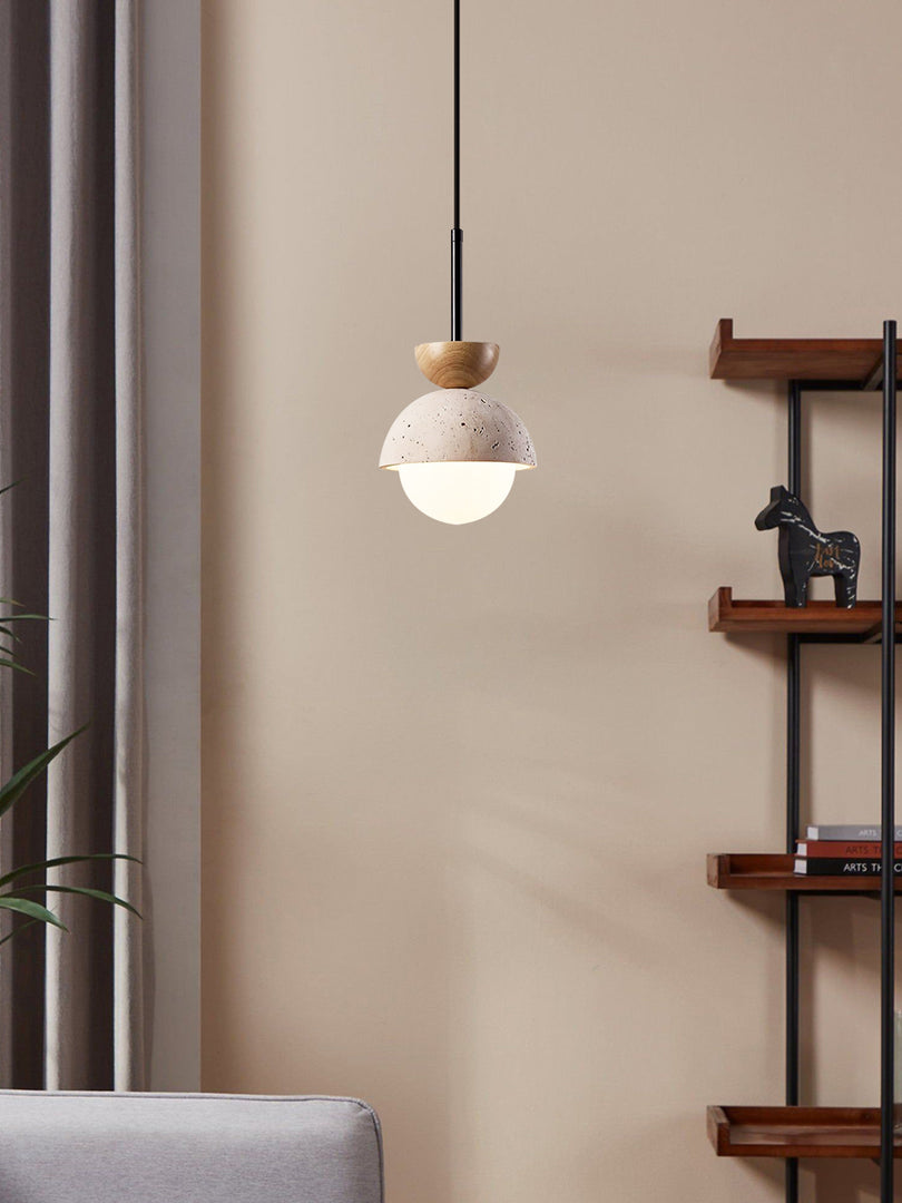 Modern Minimalist Hemisphere Travertine Wood Pendant Lamp