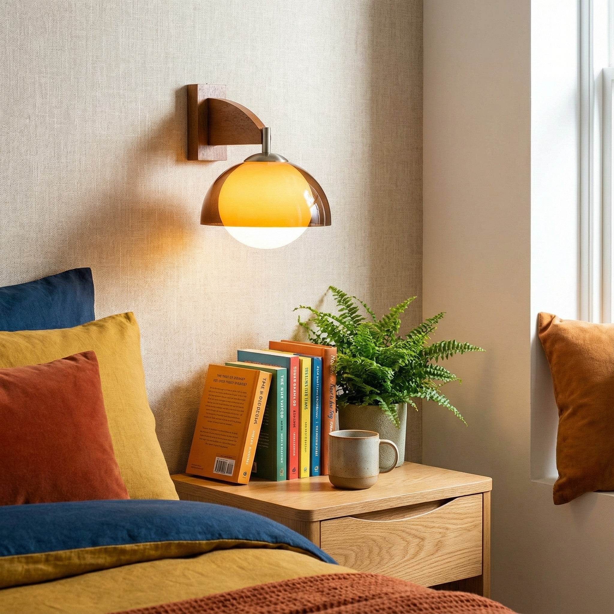 Applique murale Sunset Vintage Modern – Lampe à double abat-jour de la série Sunset avec base texturée en bois