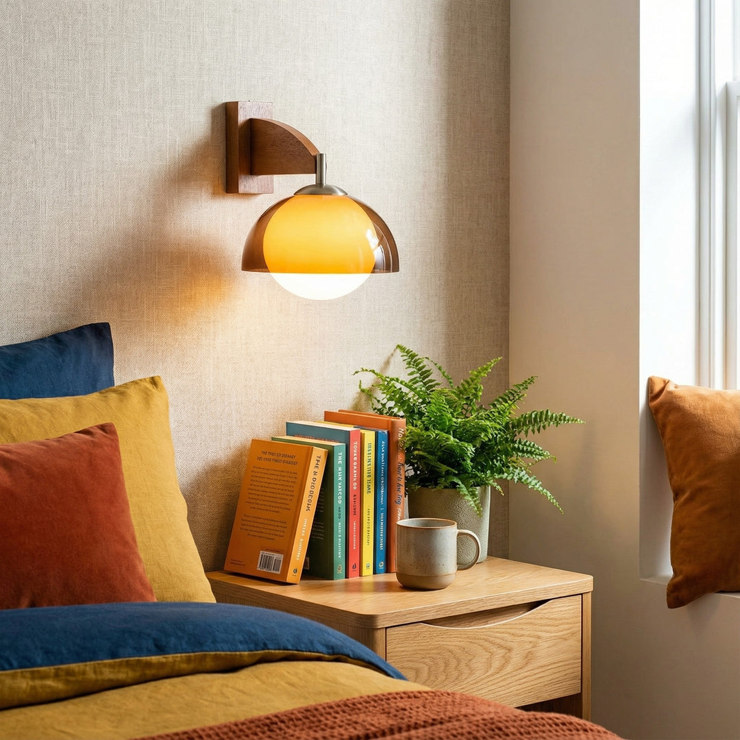 Applique murale Sunset Vintage Modern – Lampe à double abat-jour de la série Sunset avec base texturée en bois