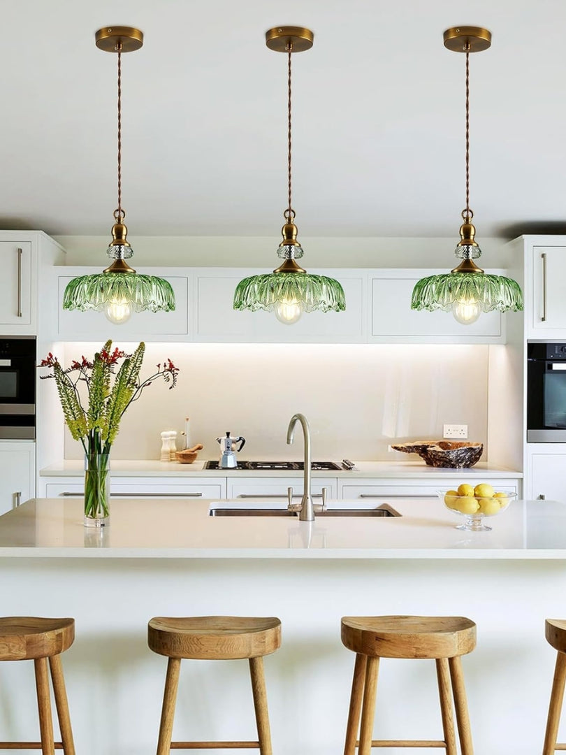 Vintage Brass Clear Glass Flower Pendant Light For Kitchen Island