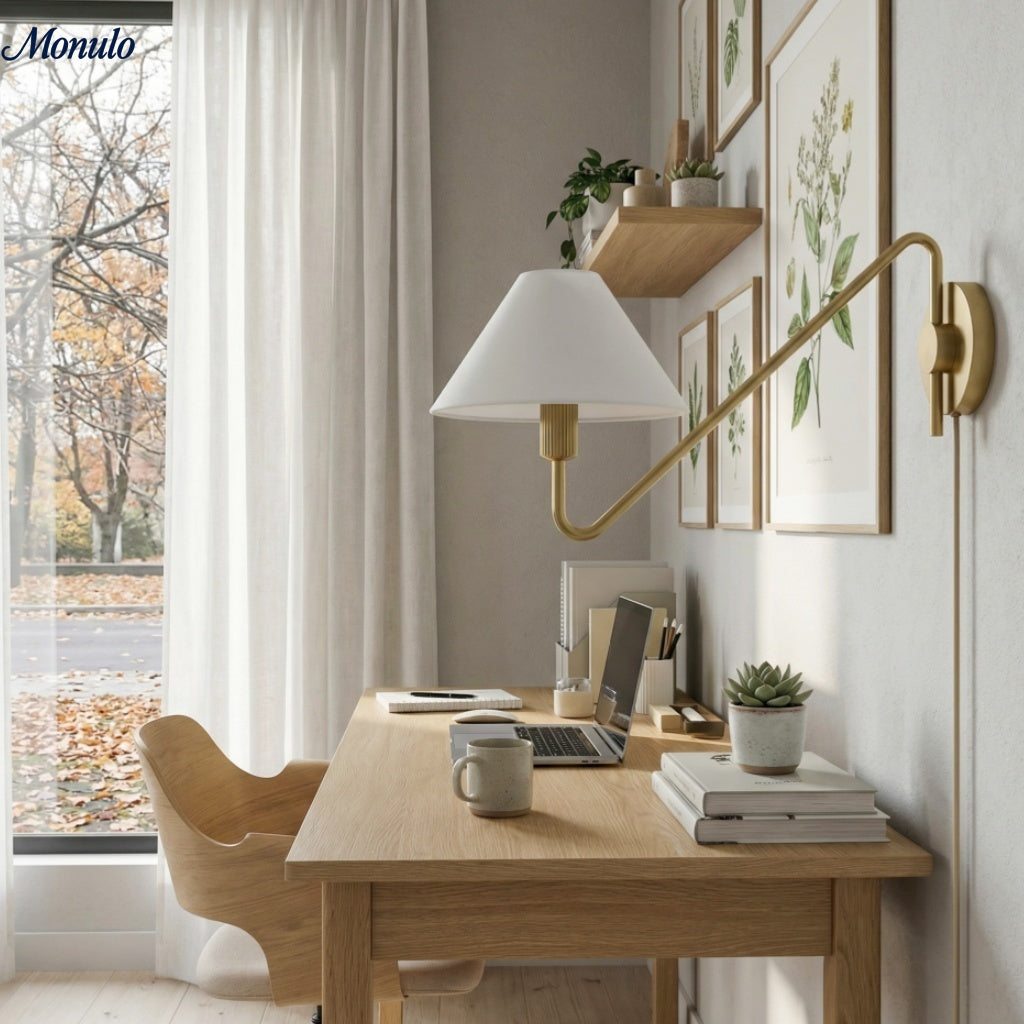 Applique murale encastrable Diora avec abat-jour en lin et bras réglable en bronze champagne