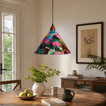 Bild in Gallery-Viewer laden, Painted floral pendant above rustic oval dining table with green plants