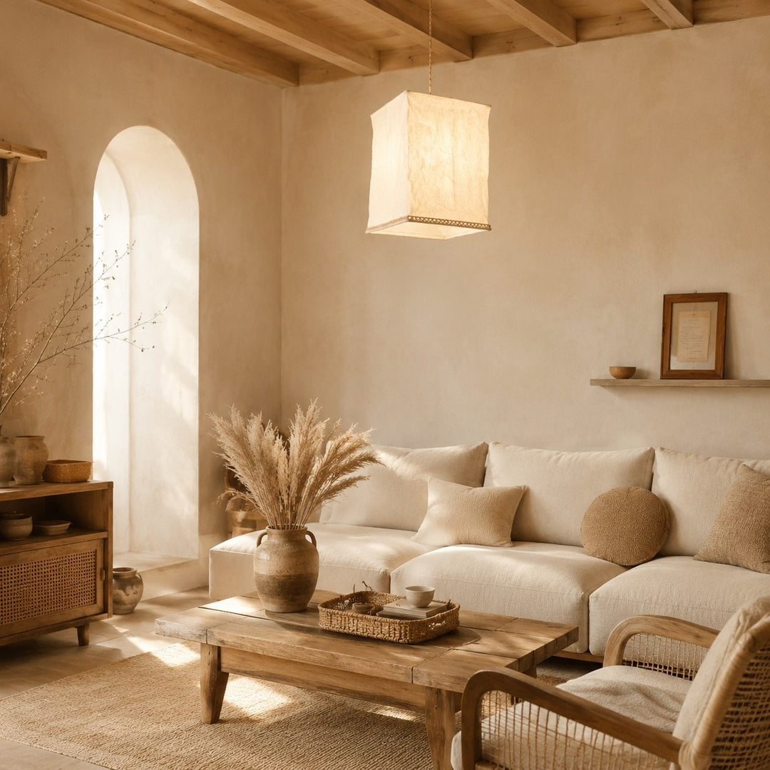 Sculptural linen pendant light in a warm natural lounge
