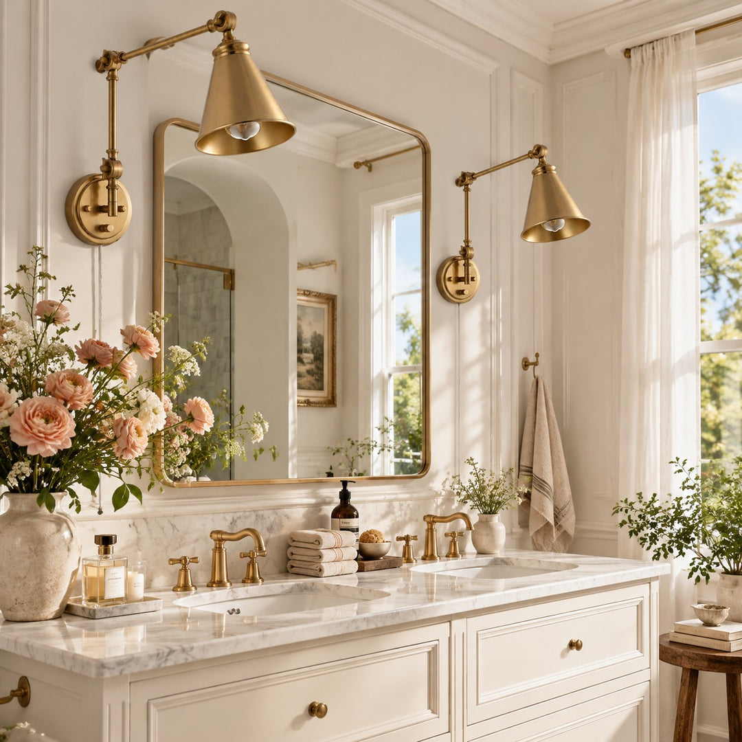 Two gold swing-arm sconces beside a bathroom mirror