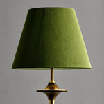 Cargar imagen en el visor de la Galería, Close view of green fabric shade and brass tone stem