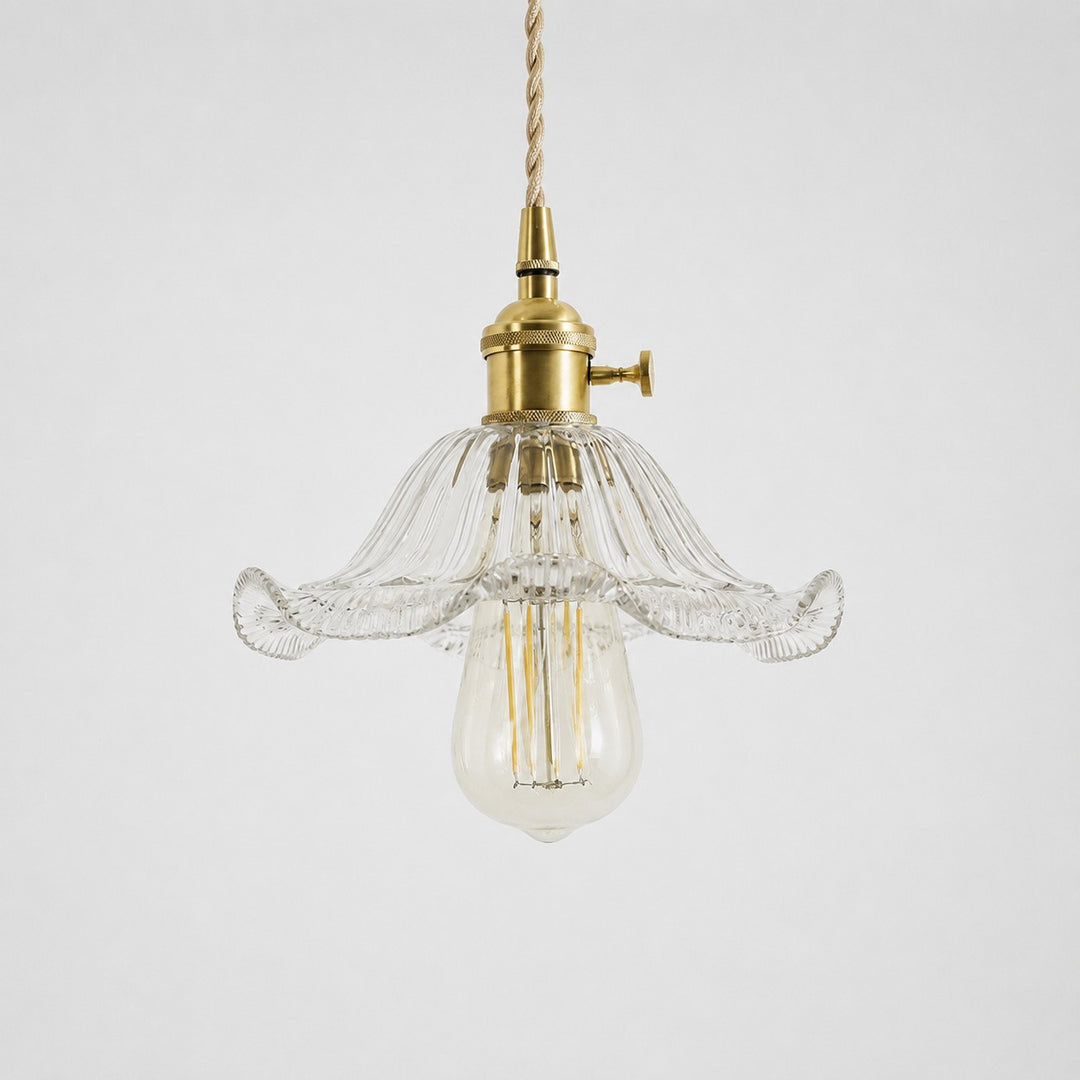 Style N textured glass shade with antique brass E27 socket, front view