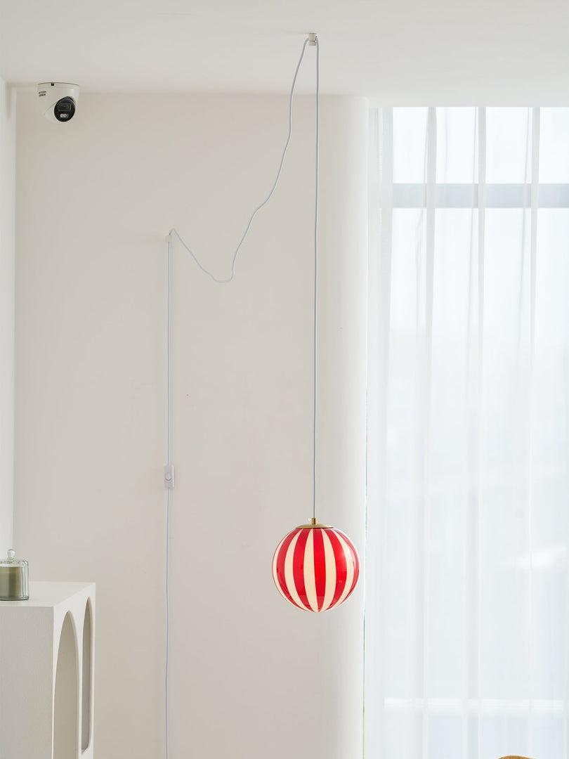 Red Striped Glass Globe Hardwired Pendant