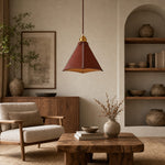 Load image into Gallery viewer, Leather pendant light styled with wood furniture and neutral shelves