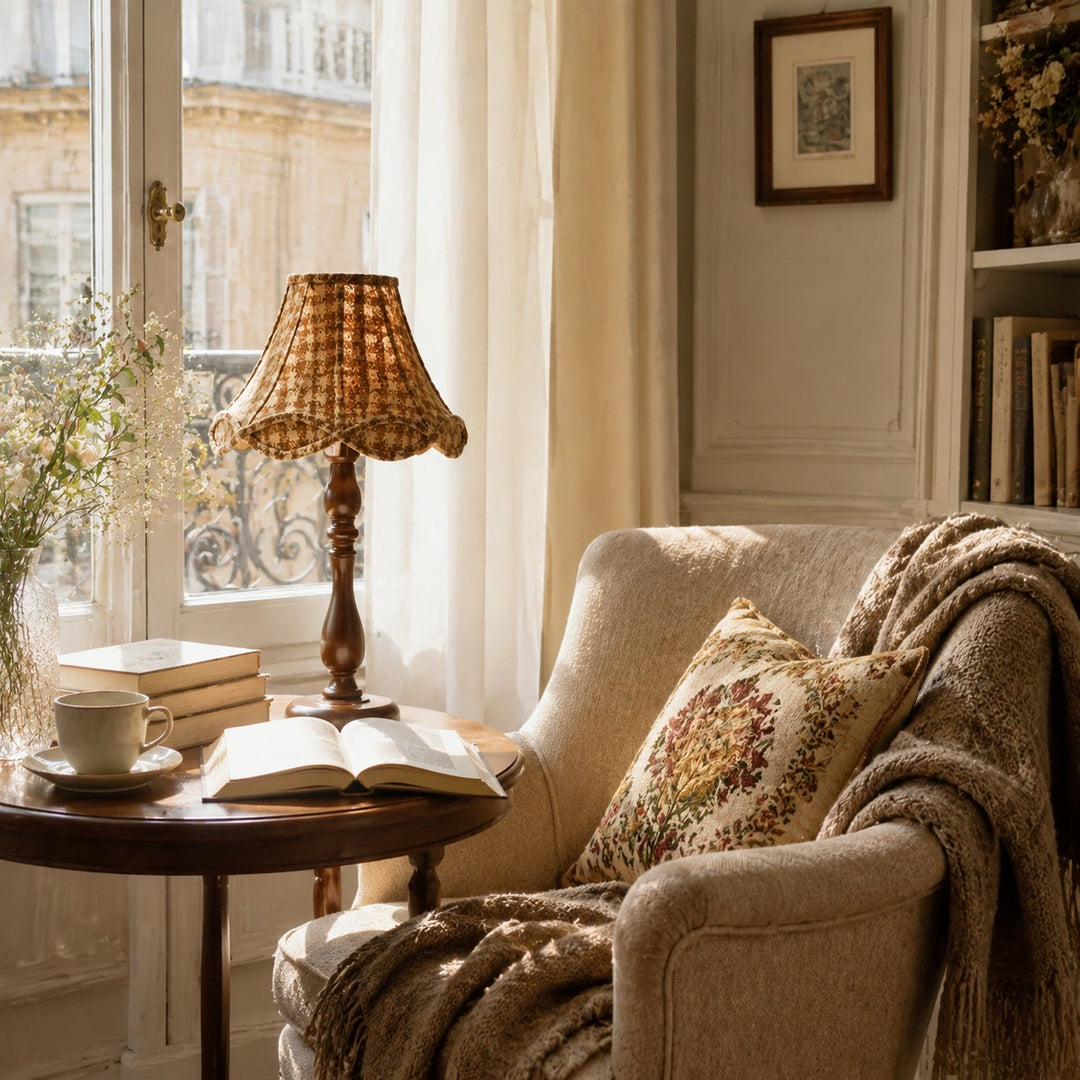 Vintage wood table lamp beside a bright reading chair