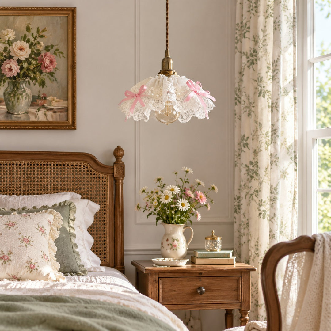 Vintage Lace Lamp Shade Covers with Bows, Pearls & Floral Details