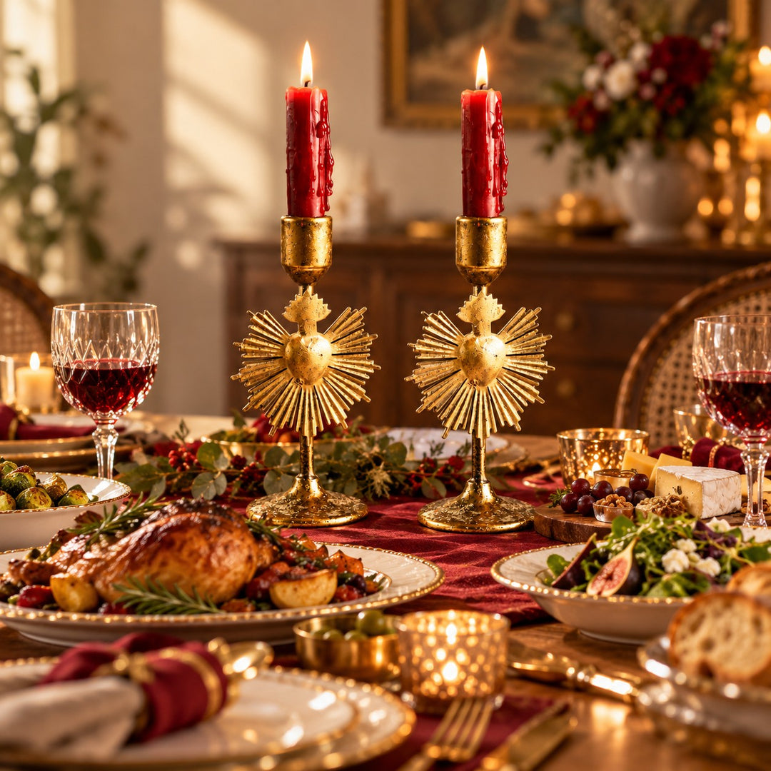 Gold Metal Bow and Milagro Heart Candle Holders