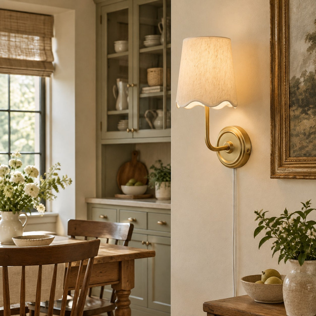 Brass Plug-In Wall Sconce with White Fabric Shade