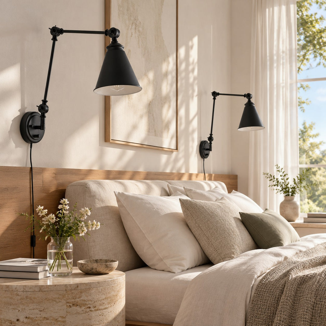 Set of 2 Adjustable Iron Swing-Arm Cone Shade Plug-In Wall Sconce