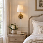 Charger l'image dans la visionneuse de galerie, Brass Plug-In Wall Sconce with White Fabric Shade