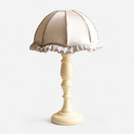 Bild in Gallery-Viewer laden, Silver fabric shade wood table lamp on white background