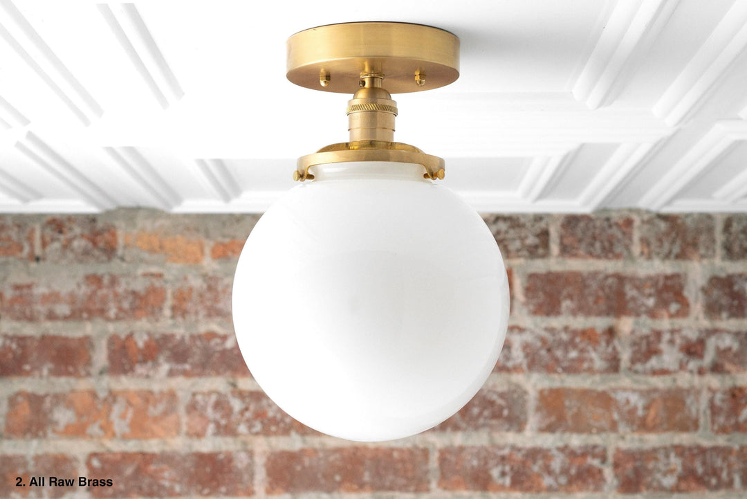 Glorica Glass Mid Century Semi Flush Ceiling Light - White Opal Glass Globe Fixture