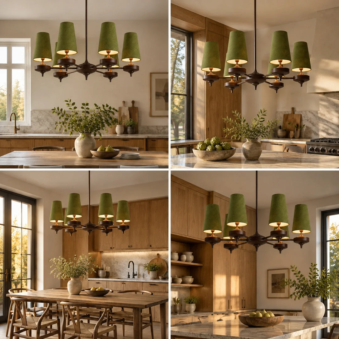 Hour Rho Velvet Chandelier with three to six heads and walnut-toned wood - New2609-1024560 interior scene