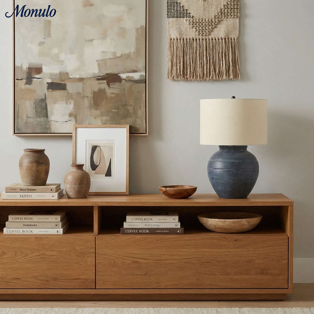 Lampe de table Ceruna à base en céramique texturée avec abat-jour en tissu - Éclairage moderne de chevet pour chambre à coucher