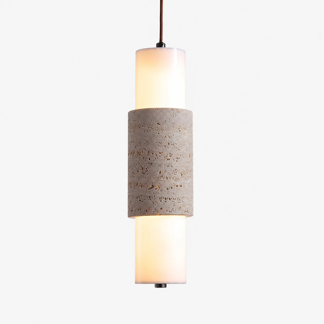 Yellow travertine cylinder pendant lamp with warm frosted diffuser